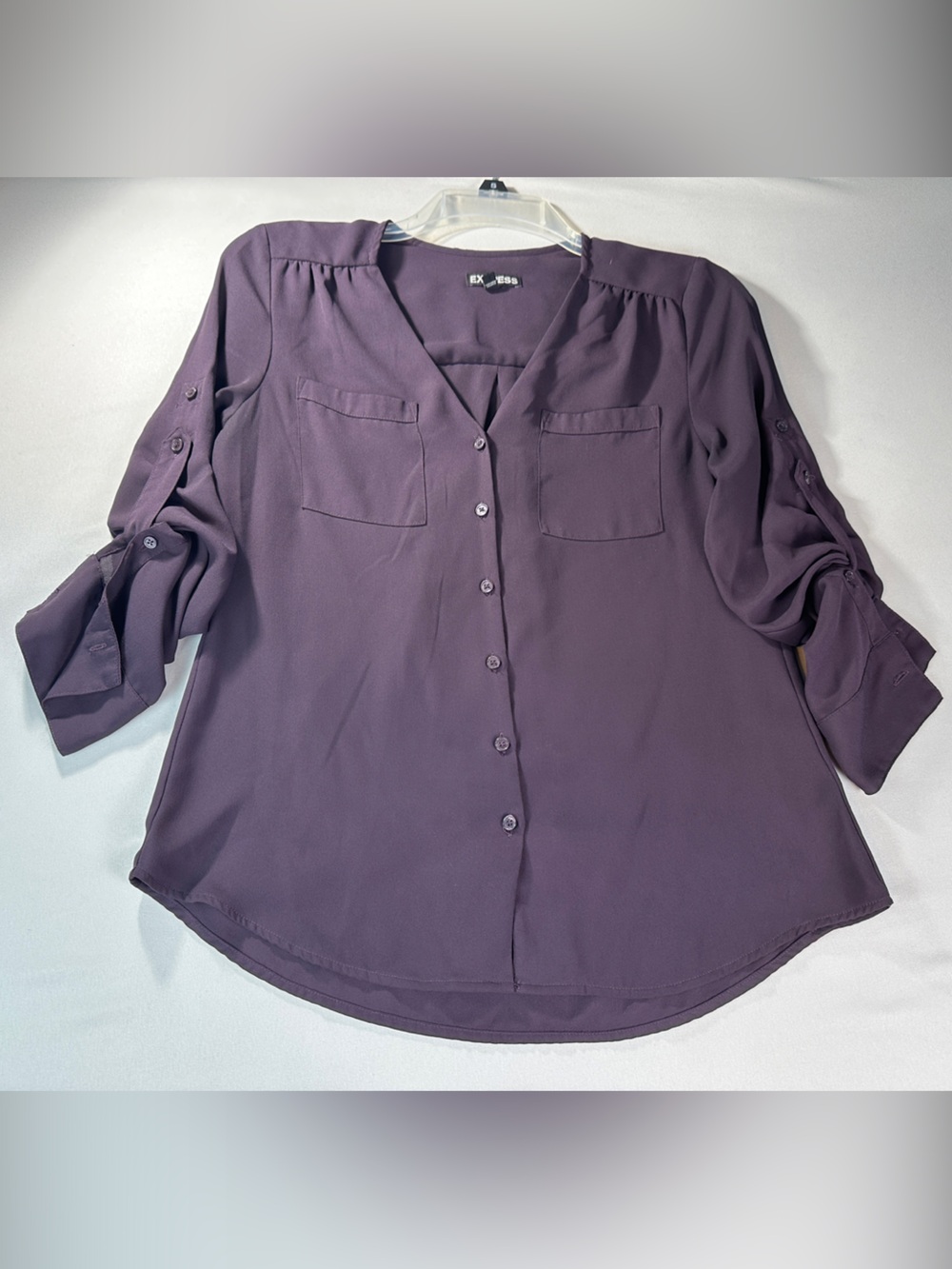 Express Women’s Blouse XS Purple Button-Down Ruched Sleeve V-Neck